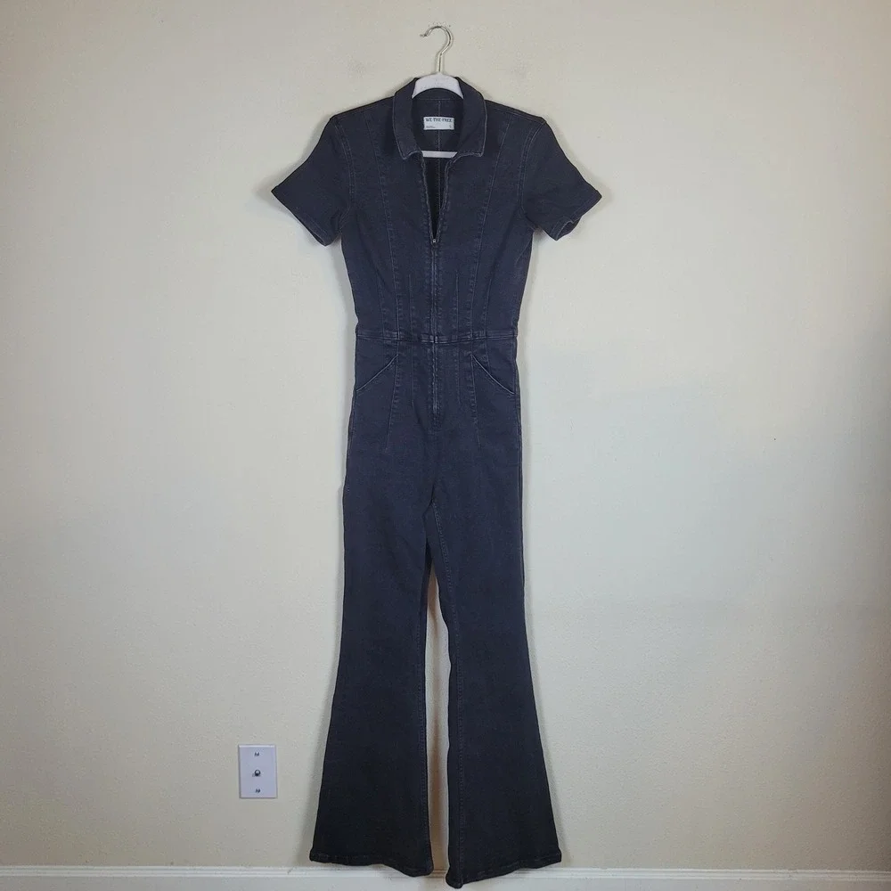 Free People We The Free Jumpsuit Small Black Denim Jayde Flare Boho Stretch Zip
